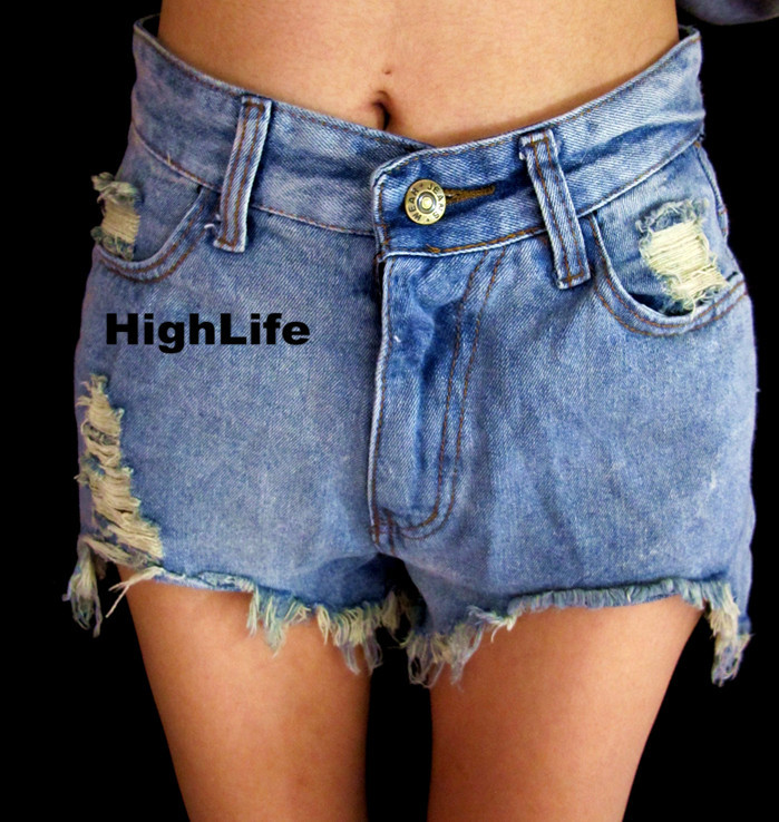 Street skateboard swag hole shorts retro finishing wearing white high waist light blue denim shorts slim hip low-high