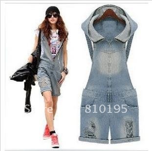 Street women denim hole shorts jumpsuit overalls