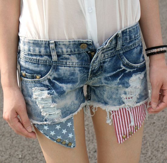 Stripe hole gel pocket Retro Finishing Water Wash Vintage Rivet light blue denim shorts,JEANS SHORTS