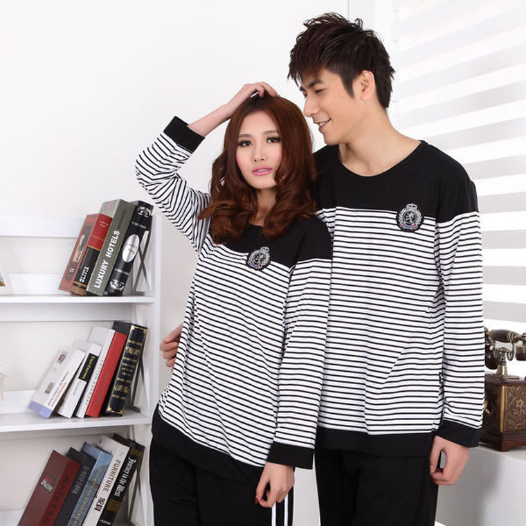 Stripe long-sleeve lovers sleepwear autumn and winter long-sleeve knitted cotton lounge set