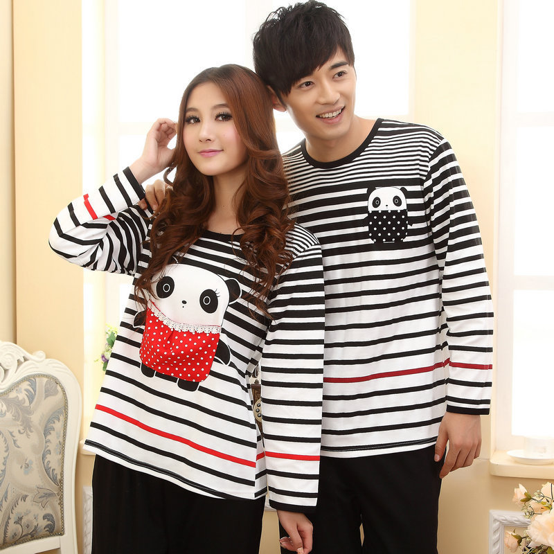 Stripe lovers sleepwear female long-sleeve at home service male women's set spring and autumn cotton lounge