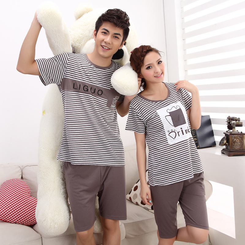 Stripe lovers sleepwear female summer sleepwear 100% cotton short-sleeve male women's sleepwear lounge set