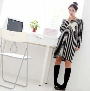 Stripe maternity dress maternity clothing spring crochet bow maternity one-piece dress