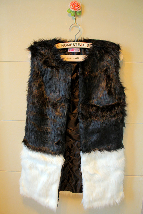 Sty nda faux fur plush black and white patchwork faux long design vest