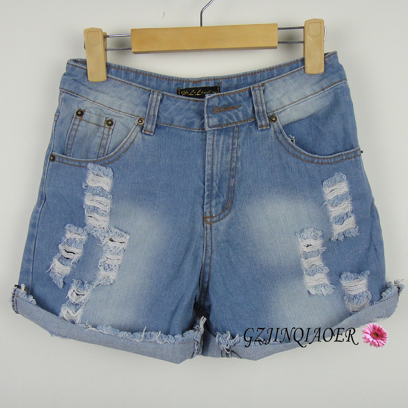 Sty nda high waist loose plus size denim shorts female hole roll up hem shorts