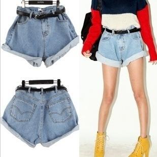 Sty nda shorts vintage high waist denim shorts fashion roll-up hem water wash loose plus size female