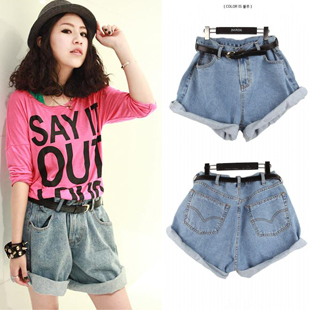 Sty nda summer loose high waist denim shorts fashion vintage roll-up hem shorts female plus size