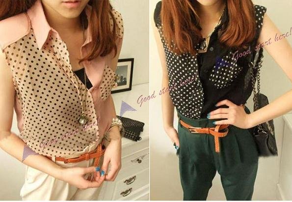 Stylish Women's Vintage Mitred Polkadot Chiffon Sleeveless V- Neck Botton Shirt HR115