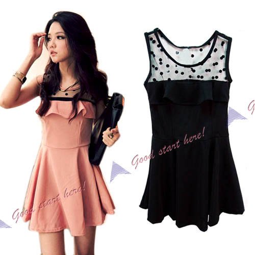 Stylish Women Sexy Transparent Tulle Polka dot Lotus leaf edges Neck Mini Dress(CY0112)