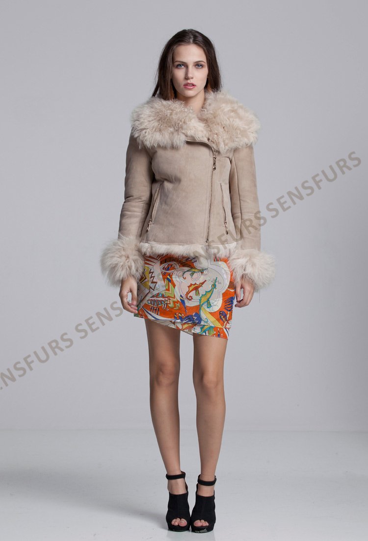 Suede & Shearling Jacket with Shawl Collar & Off Center Zipper Closure