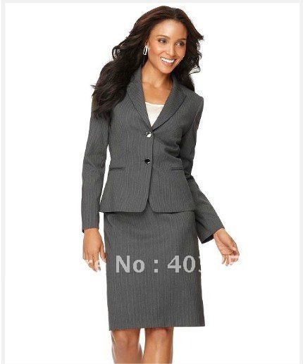 Suits  Women Clothing  Clothing Stores  Grey With Narrow Stripes Welt Pockets Jacket & Pencil Skirt  707