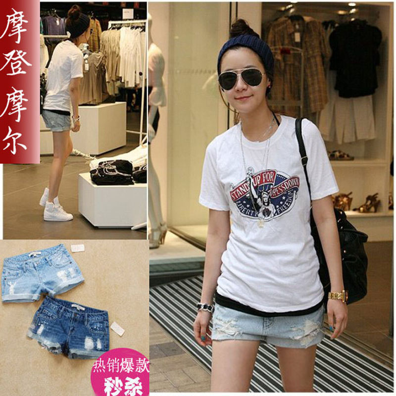 Summer 100% cotton loose shorts women's hole roll up hem denim shorts female plus size shorts