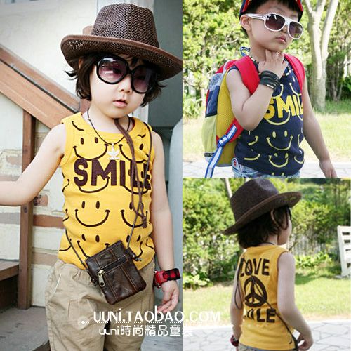 Summer ! 12 children's clothing summer girls clothing male smiley vest sleeveless T-shirt 100% cotton t-shirt