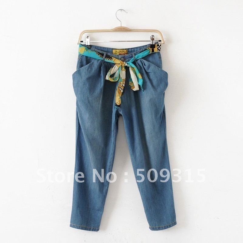 Summer 2012 fashion women's vintage belt loose large pocket shank length trousers harem pants