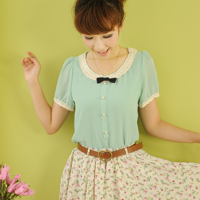 Summer 2013 sweet puff sleeve loose short-sleeve chiffon shirt t2-3 cute shirt