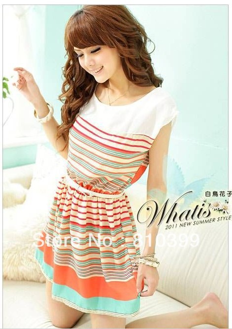 Summer Autumn New Colorful Stripes Chiffon Dress Free Bowknot Belt Women's Dresses free shipping#D001