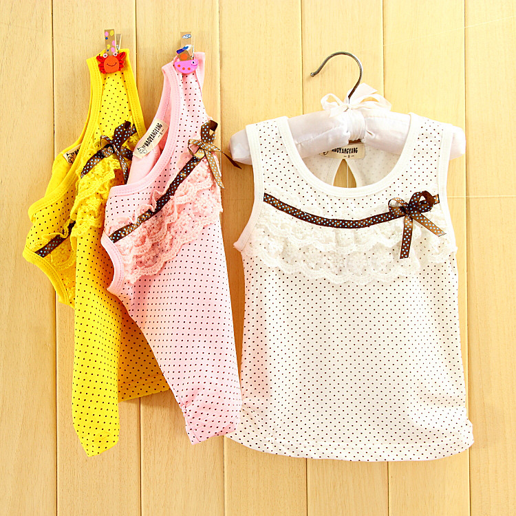 Summer baby girl child lace ribbon bow dot multi-color T-shirt sleeveless vest top 1 - 4