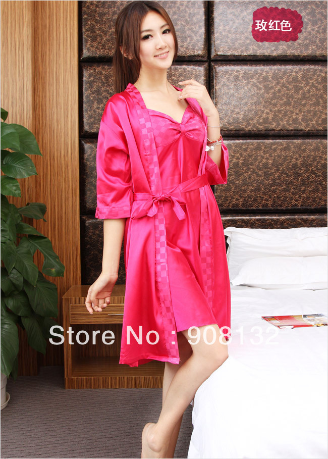 Summer bathrobe thin silk sexy sleepwear women's faux silk robe spaghetti strap nightgown twinset