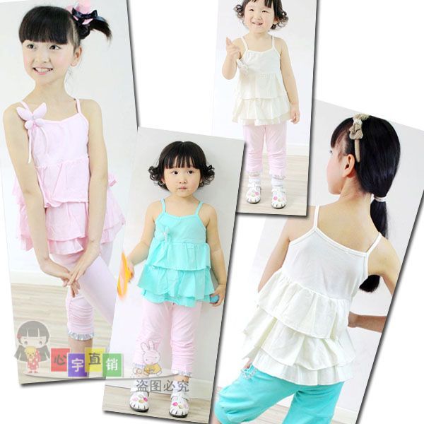 Summer big boy young girl beautiful girls clothing 100% cotton spaghetti strap top cake shirt