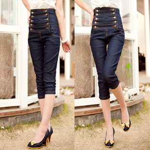 Summer Capri Pant Fashion High Waist Denim Shank length Trousers Female Jeans Pants Women Double Button Plus Size