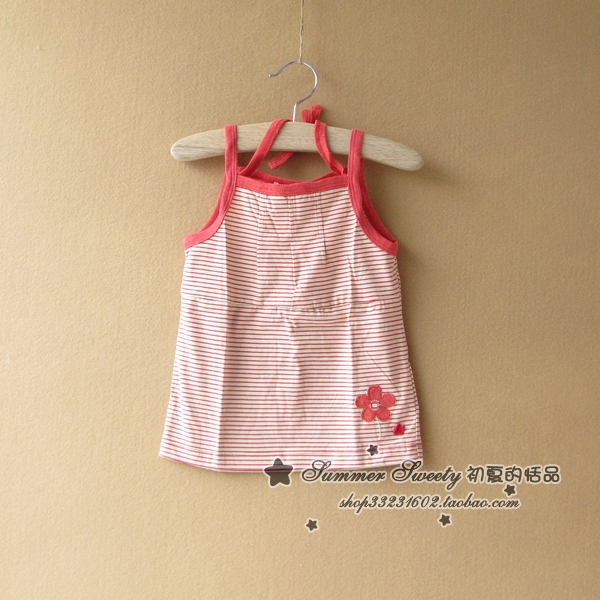 Summer child 2013 100% girls clothing cotton flower embroidery red stripe spaghetti strap top small vest 39