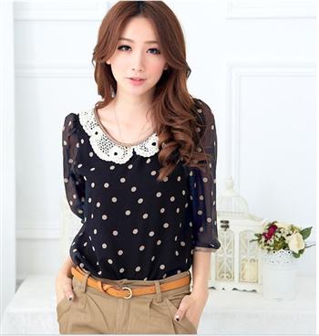 Summer cutout knitted peter pan collar polka dot three quarter sleeve chiffon shirt top