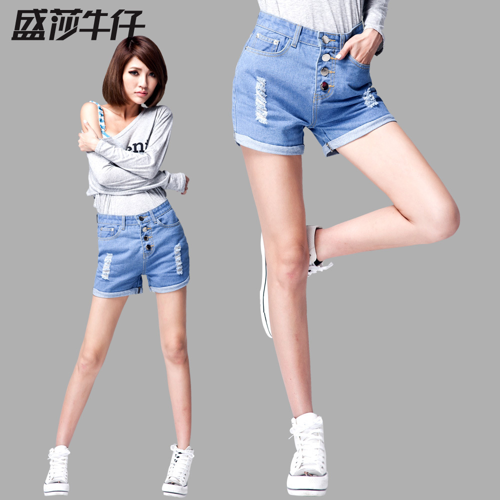 Summer denim shorts female metal buttons hole light color high waist,leisure pants,