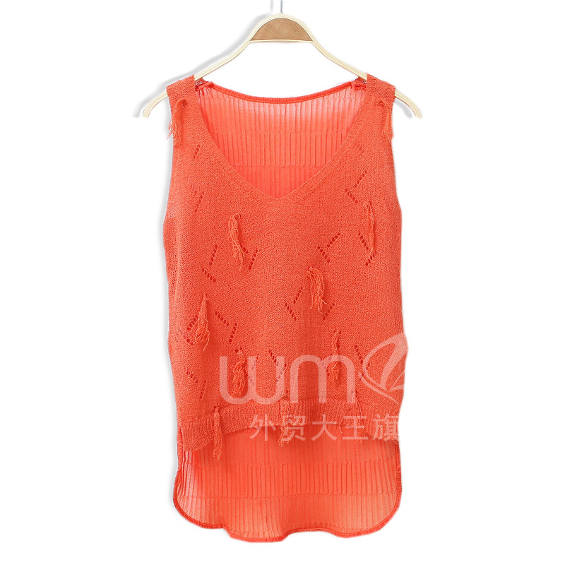 Summer fashion chiffon patchwork cutout perspectivity low-high V-neck sweater wx917