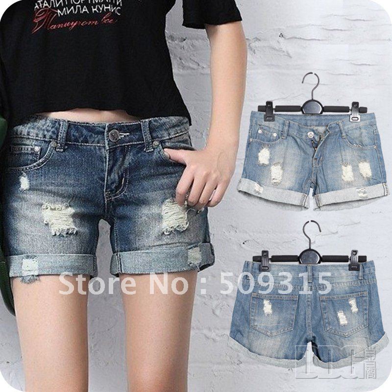 Summer female hole roll-up hem retro finishing denim shorts jeans shorts