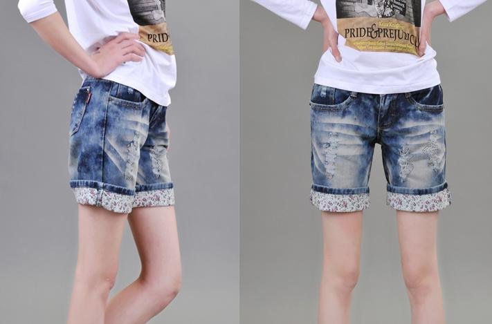 Summer female trousers jeans shorts hole straight bottom pants in five minutes of pants broken beautiful flanging big yards tide