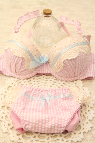 Summer fresh vertical stripe lace decoration women's bra underwear set l106 powder