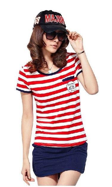 Summer han edition women's short sleeve round brought t-shirts stripe leisure sports skirt suits