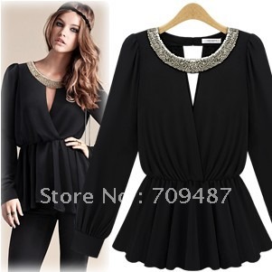 Summer handmade beading elastic slim waist cutout top pleated skirt long-sleeve shirt female