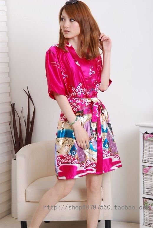 Summer ladies' fashion printed sleepwear suit ( robe + braces skirt ), Nightgown kimono night dress retail and wholesales