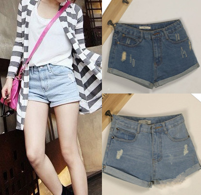 Summer loose high waist denim shorts vintage distrressed roll-up lowing hem shorts female