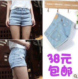 Summer loose high waist denim shorts vintage distrressed roll-up lowing hem shorts female