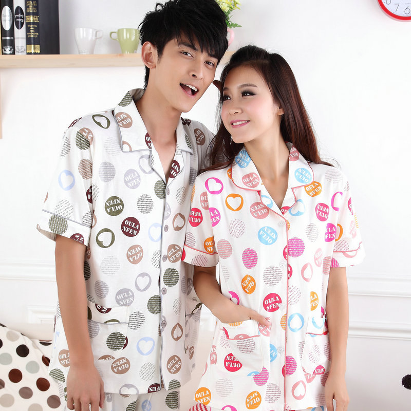 Summer lovers sleepwear female short sleeve length pants set summer women's cotton male