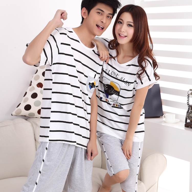 Summer lovers sleepwear male women's summer stripe set 100% cotton cartoon animal lounge