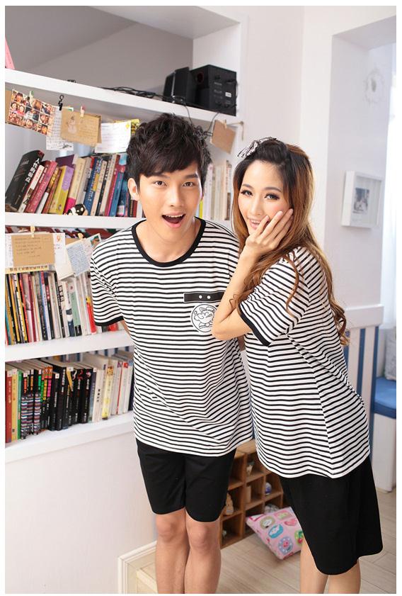 Summer lovers sleepwear stripe sleepwear female summer 100% cotton at home service male women's lounge set