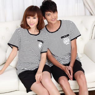 Summer lovers sleepwear Women summer male women's stripe 100% cotton short-sleeve lovers lounge set