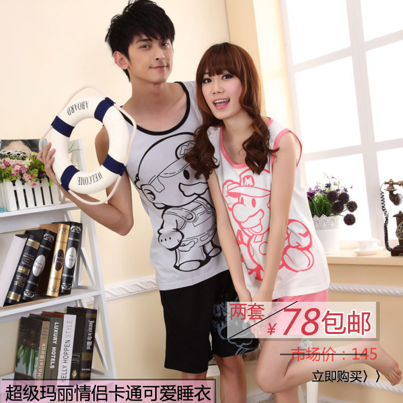 Summer lovers vest sleepwear 100% cotton lounge female sleepwear female summer cartoon sleeveless lovely sleepwear male set