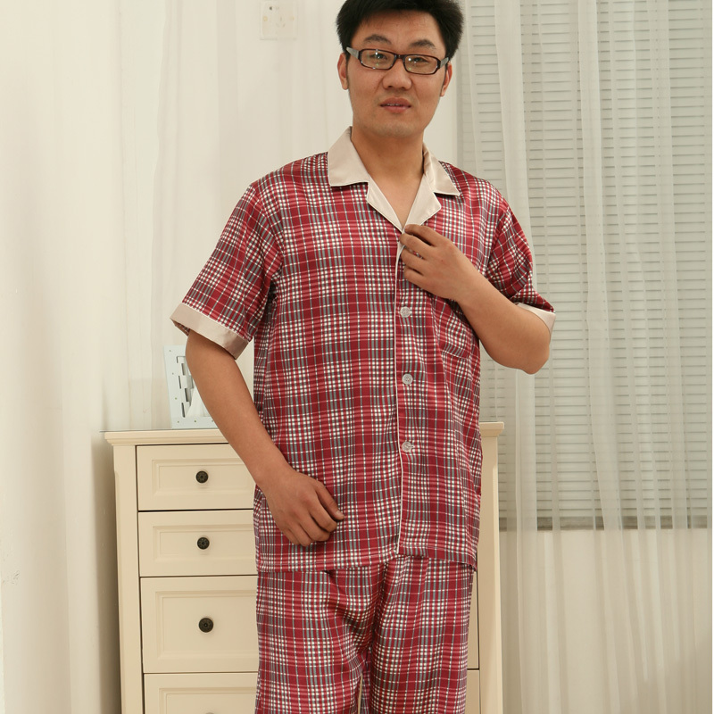 Summer male sleepwear short sleeve length pants male faux silk sleepwear twinset men's lounge set 8010