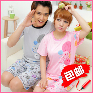 Summer male women's cartoon smiley pullover knitted pure cotton lovers sleepwear lounge set