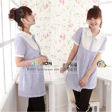 Summer maternity clothing chest pleated maternity shirt small lapel short-sleeve maternity top