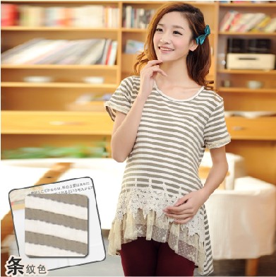 Summer maternity clothing maternity short-sleeve o-neck top stripe maternity t-shirt clothing decoration lace