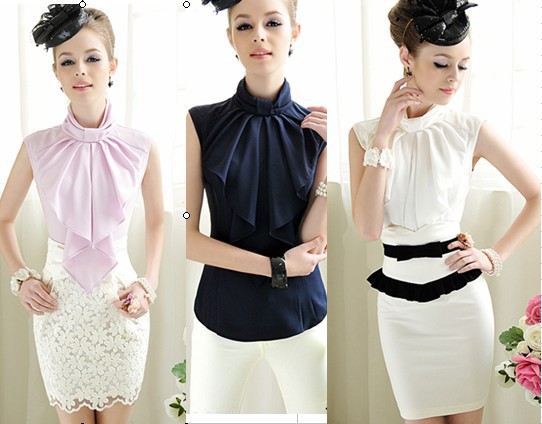 Summer New Arrival Elegant OL Style Bowknot Decorated Sleeveless Pure Color Cotton Blouse Three Colors