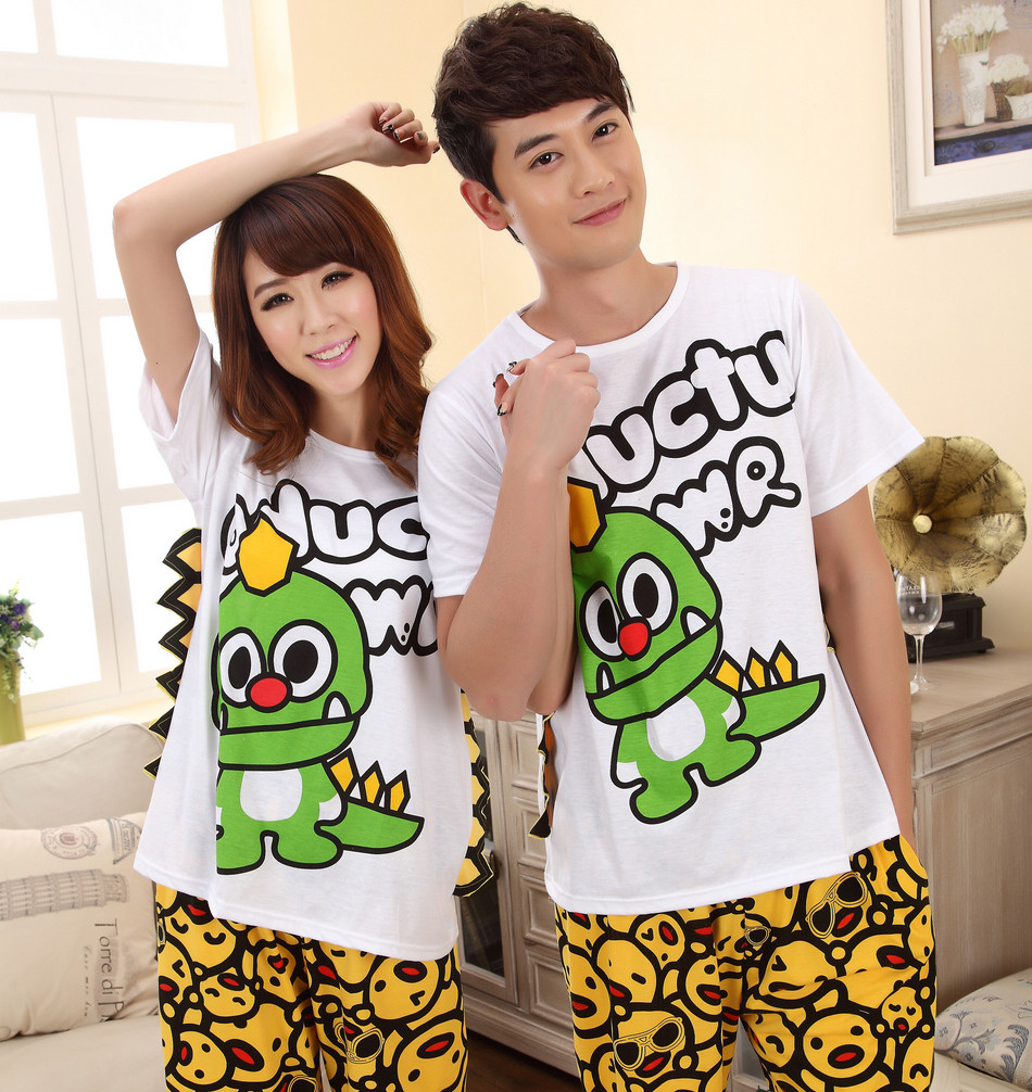 Summer new arrival short-sleeve 100% cotton lovers sleepwear female cartoon male women's summer sleepwear lounge set