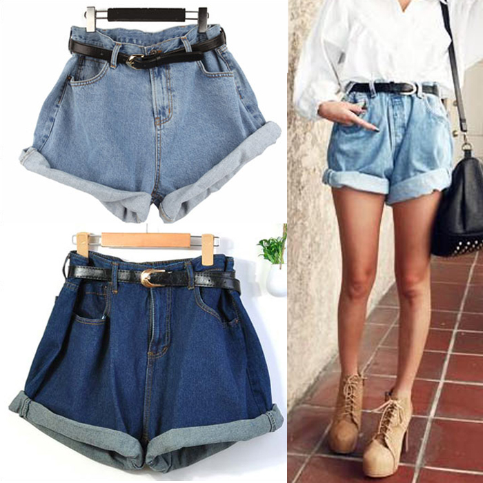 Summer new arrival vintage high waist denim roll up hem roll-up hem denim shorts female loose plus size denim shorts