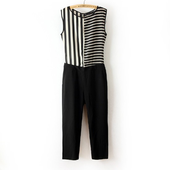 Summer New Europe And America Style  Sleeveless Striped Stitching  Seven Point  of pants Jumpsuits