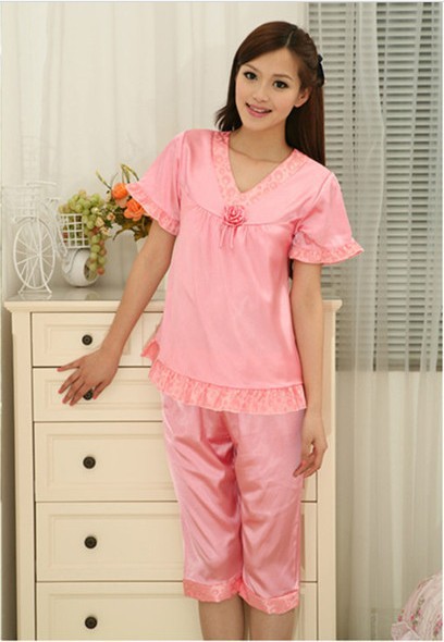 Summer new pajamas female summer short sleeve shorts lady emulation silk recreational leisure wear two piece suit